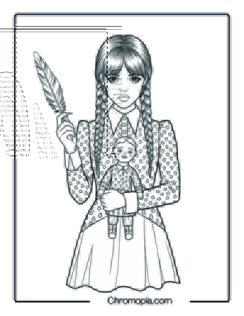 Wednesday Addams Braids Pose Coloring Page