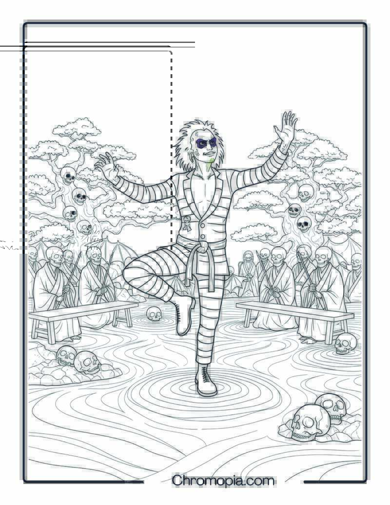 Beetlejuice Practicing Martial Arts in Zen Garden Coloring Page