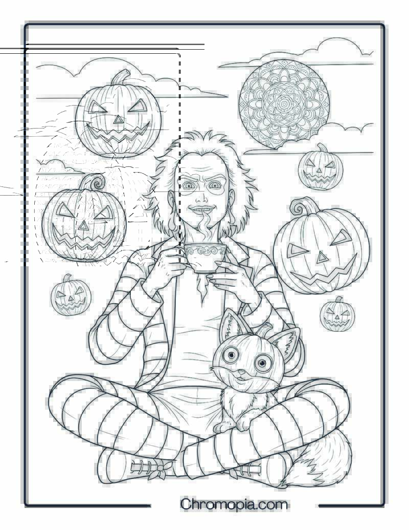 Beetlejuice Sipping Ghost Tea by Lanterns Coloring Page