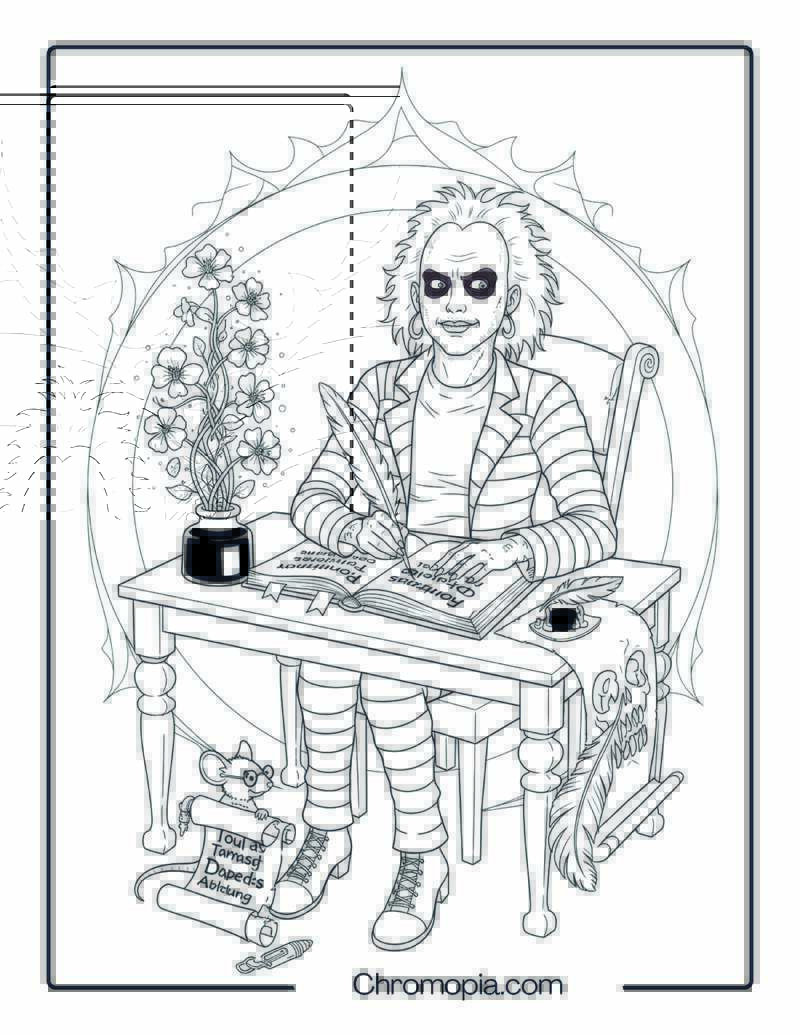 Beetlejuice in Gratitude Journal Scene Coloring Page
