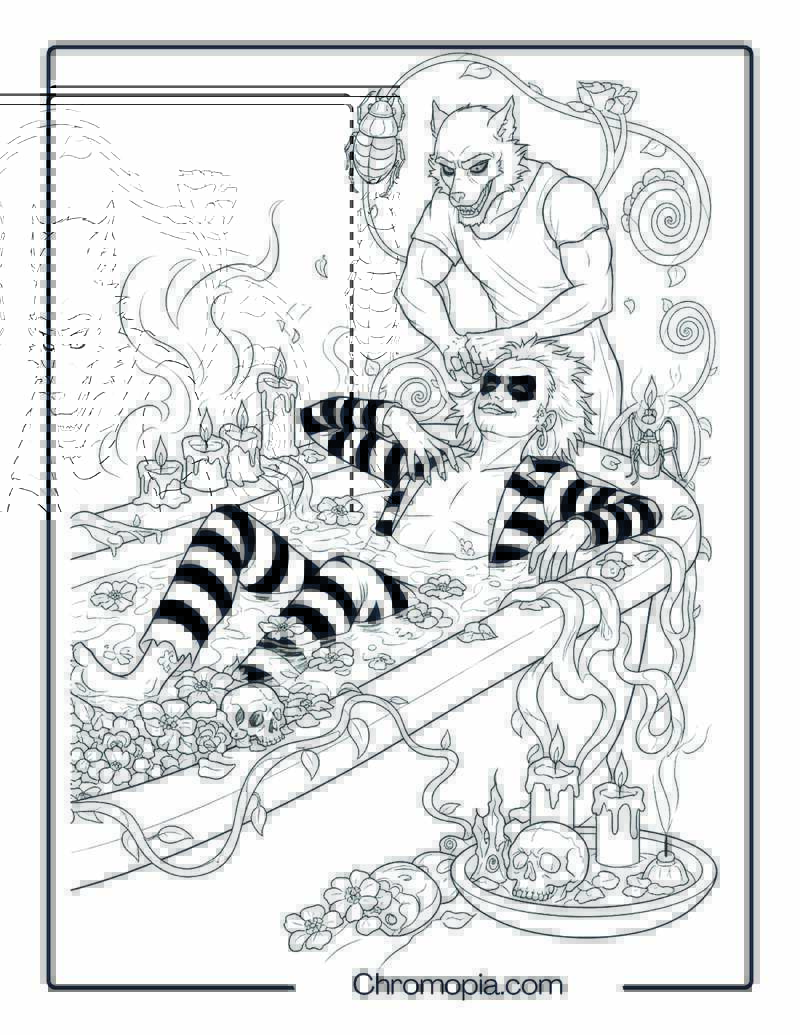 Beetlejuice in a Skeleton Spa Retreat Sheet