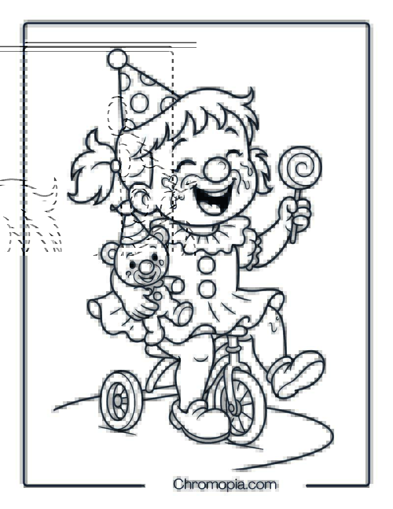 Girl Clown Riding a Tricycle with Face Paint Smudges – Girl Clown Coloring Page