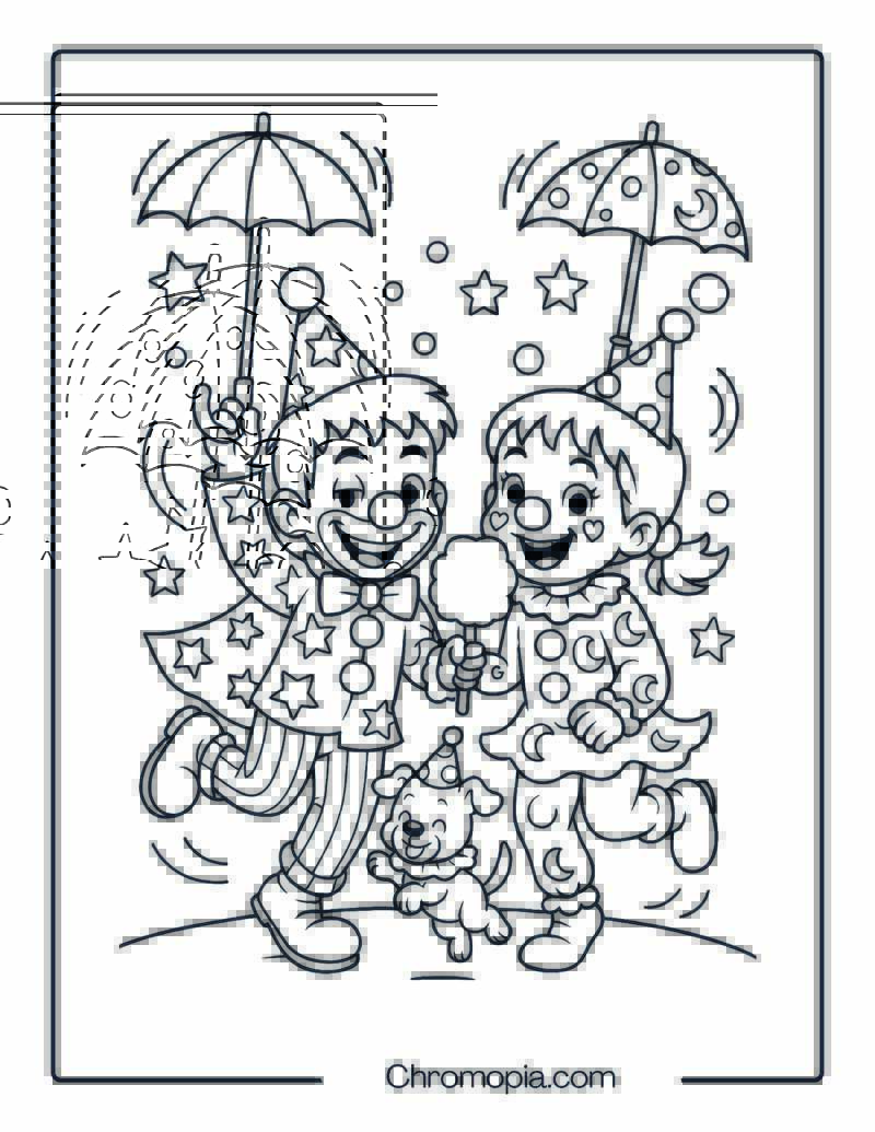 Girl and Boy Clown Duo Performing Umbrella Trick – Boy and Girl Clown Coloring Page