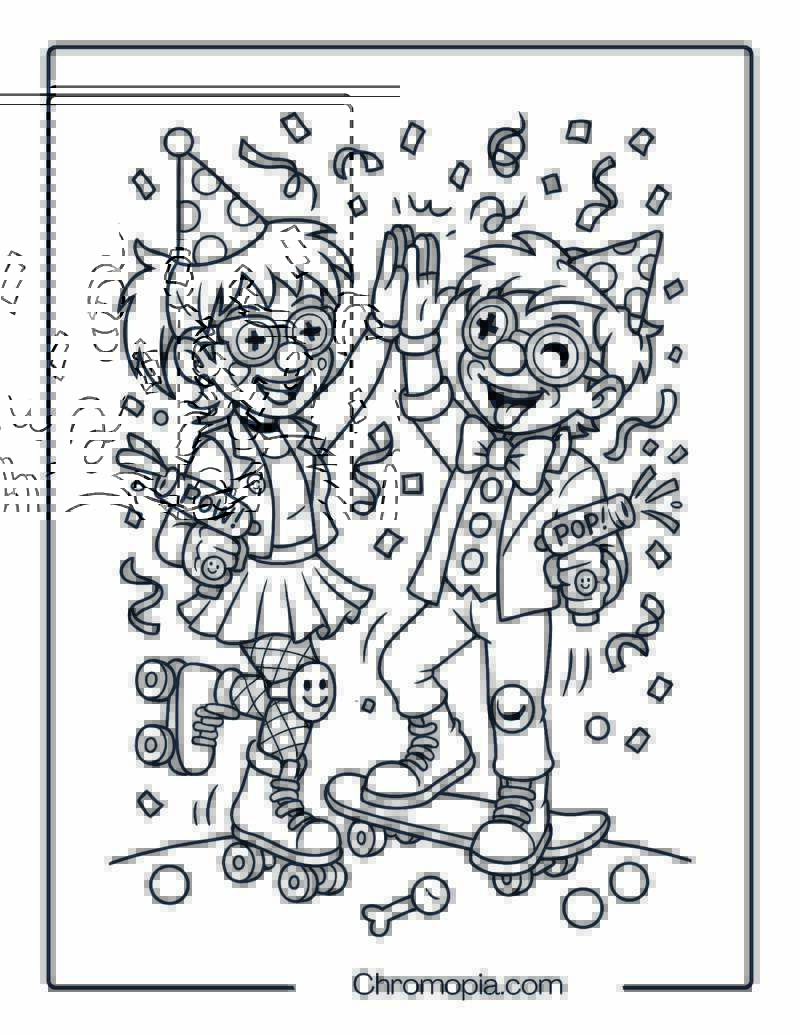 Teen Boy and Girl Clown Duo with Skateboard and Confetti Guns – Boy and Girl Clown Coloring Page
