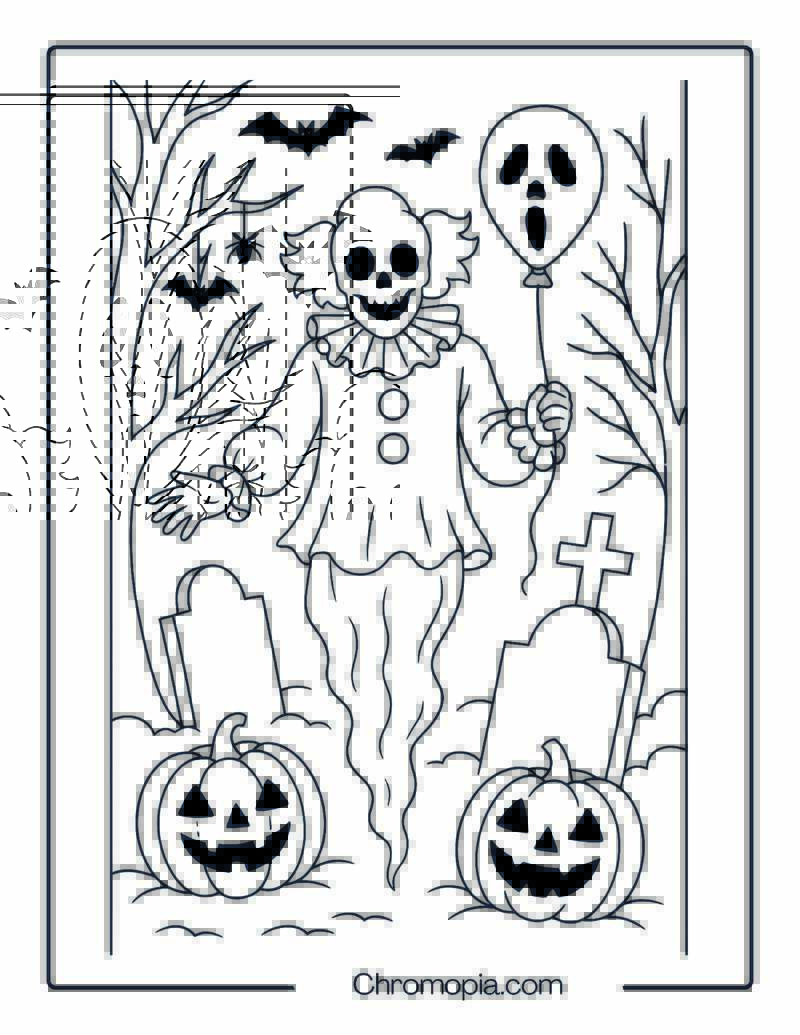 Ghost Clown Floating in Graveyard Fog – Halloween Clown Coloring Page