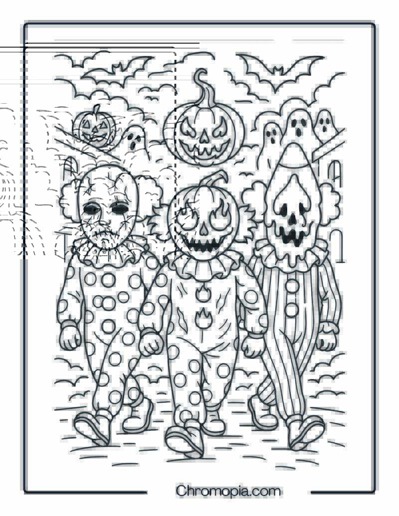 Haunted Trio of Halloween Clowns on Parade – Halloween Clown Coloring Page