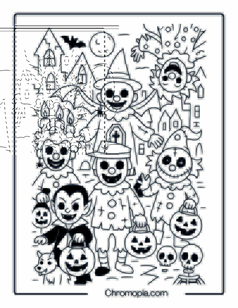 Horde of Halloween Clowns with Trick-or-Treat Monsters – Halloween Clown Coloring Page