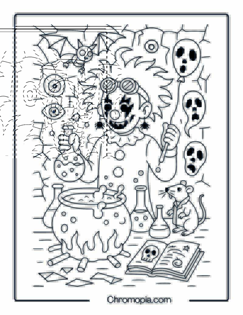 Mad Scientist Clown with Glowing Potions – Halloween Clown Coloring Page