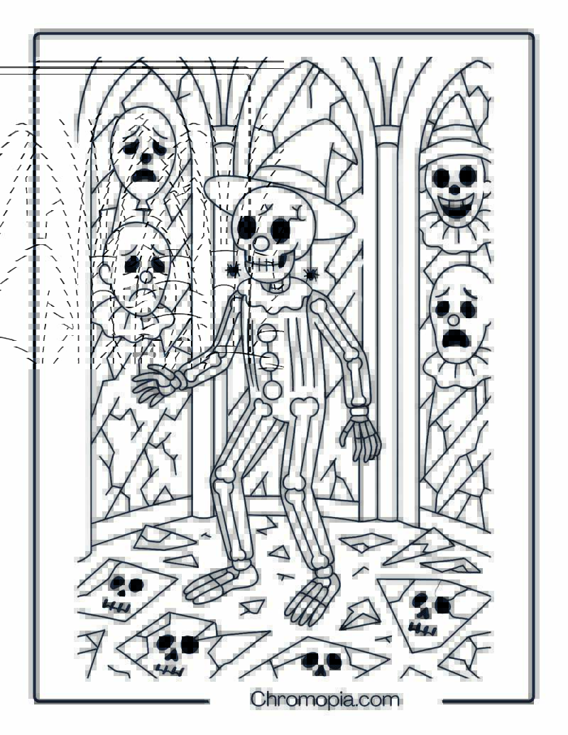 Skeleton Clown Trapped in Mirror Maze – Halloween Clown Coloring Page