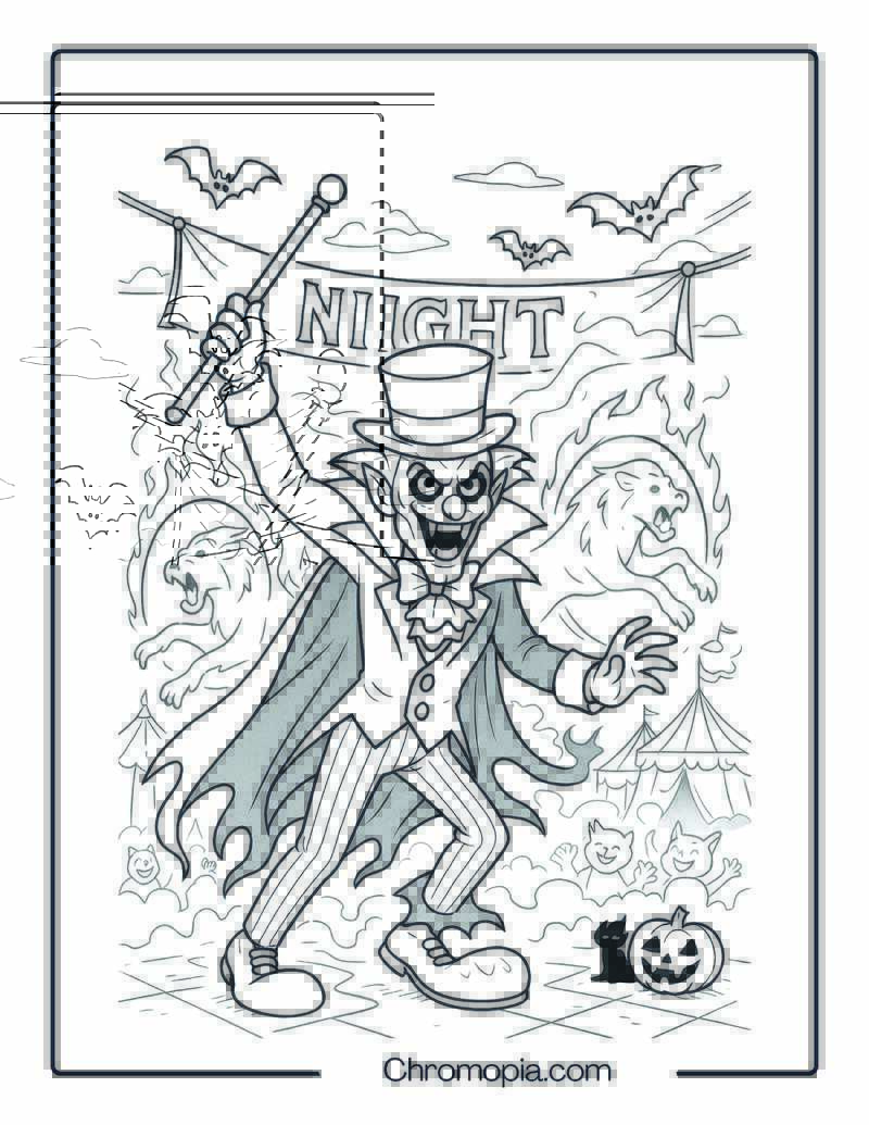 Vampire Clown Ringmaster Summoning Ghost Lions – Halloween Clown Coloring Page