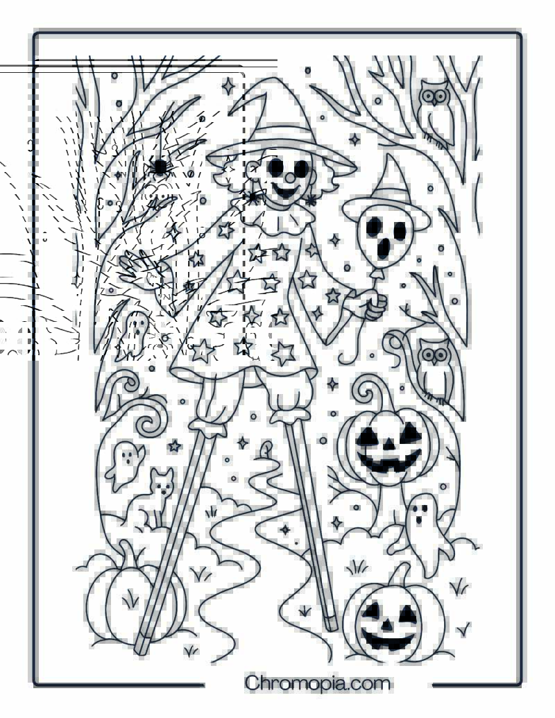 Witch Clown on Stilts Crossing Enchanted Forest – Halloween Clown Coloring Page