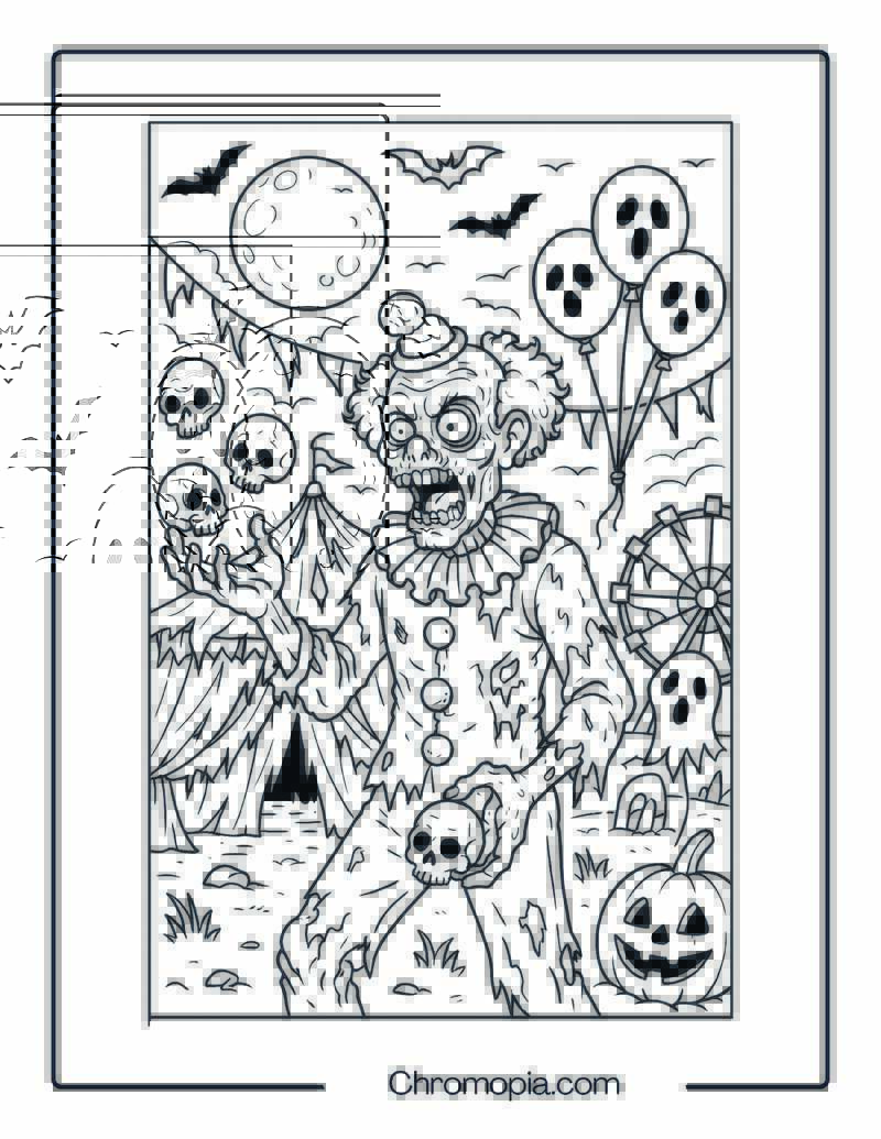 Zombie Clown in a Haunted Carnival – Halloween Clown Coloring Page