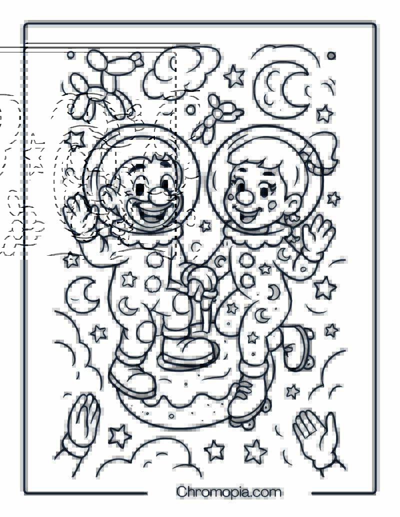 Astronaut Clown Couple Floating Through Cotton Candy Galaxy – Man and Woman Clown Coloring Page (1)