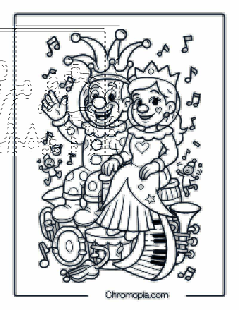 Clown King and Queen on Throne of Musical Instruments – Man and Woman Clown Coloring Page
