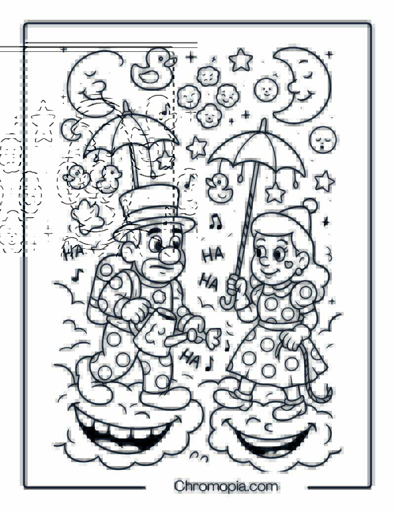 Dreamworld Clown Couple Walking on Laughter Clouds – Man and Woman Clown Coloring Page