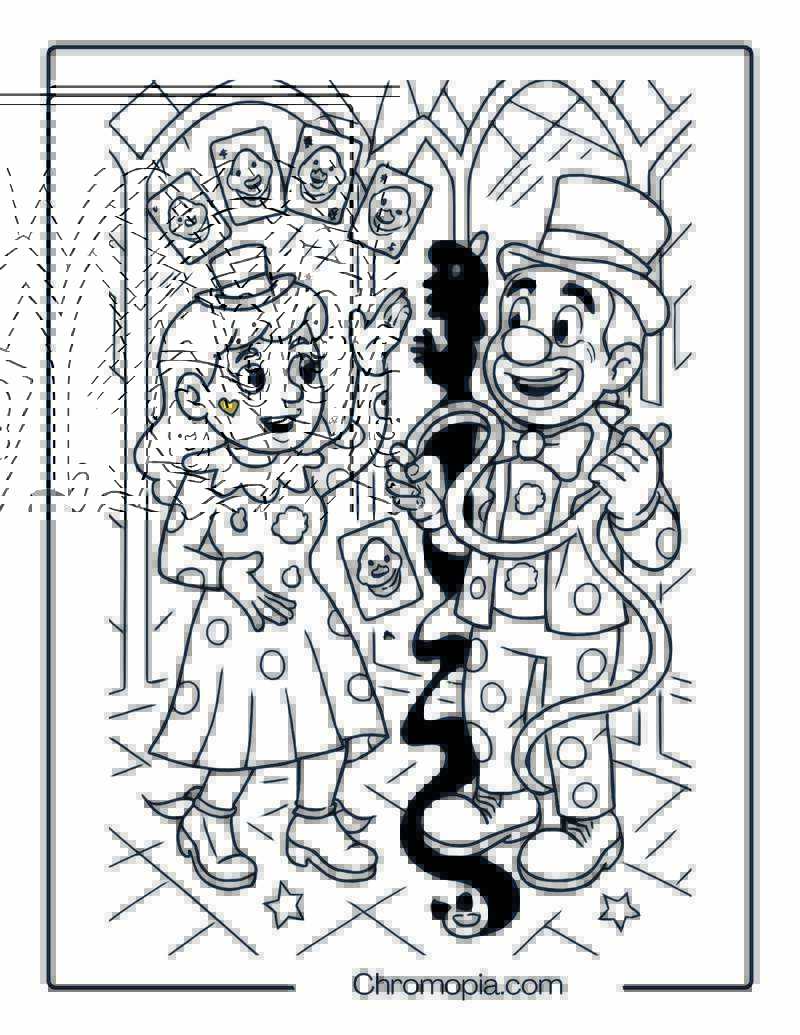 Magician Clown and Illusionist Clown in a Mirror Realm – Man and Woman Clown Coloring Page