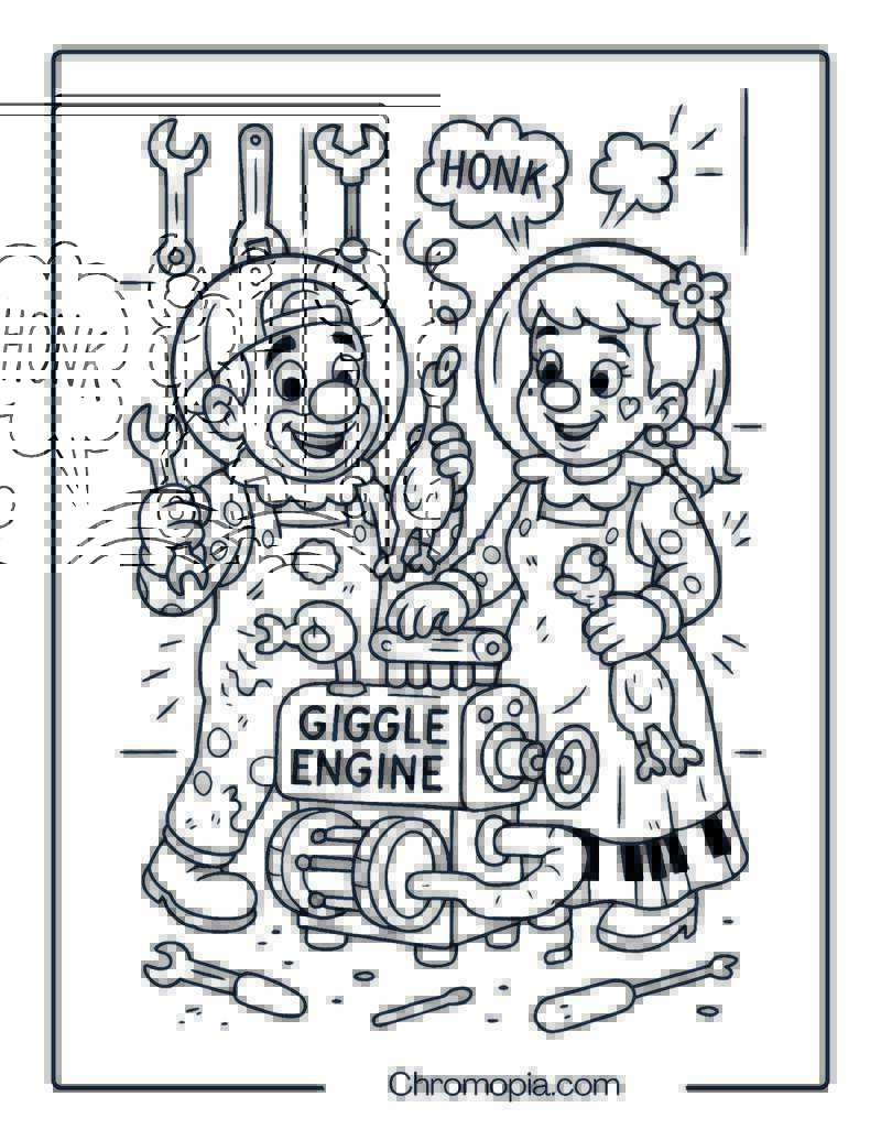 Mechanic Clown Couple Fixing a Giggle Engine – Man and Woman Clown Coloring Page