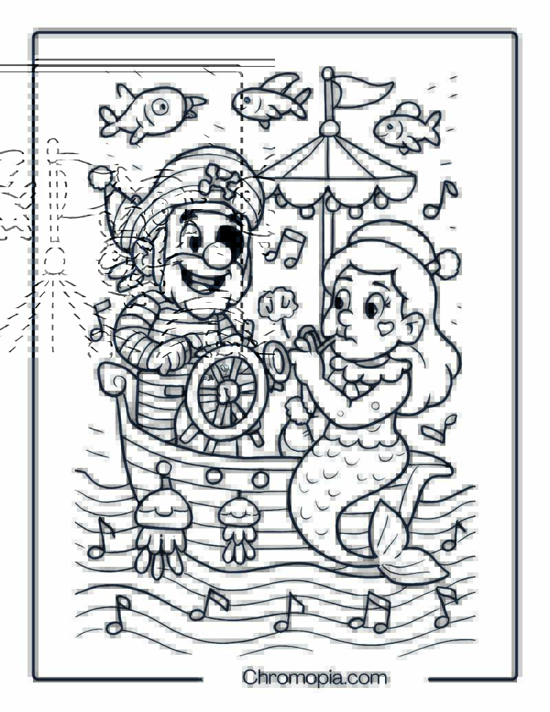 Mermaid Clown and Pirate Clown on Floating Circus Ship – Man and Woman Clown Coloring Page
