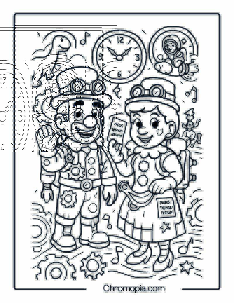 Time Traveler Clown Duo in a Clockwork Carnival – Man and Woman Clown Coloring Page