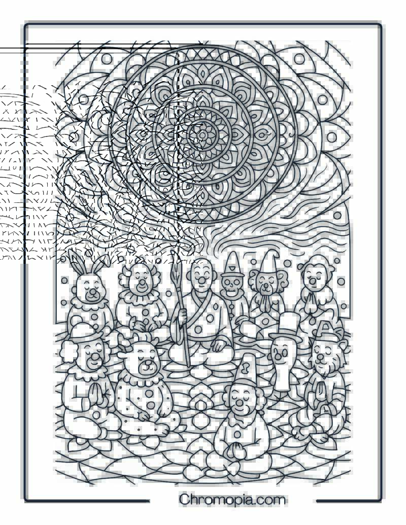 All-World Clown Gathering in Giant Mandala Dome – Universal Self-Care Clown Coloring Page