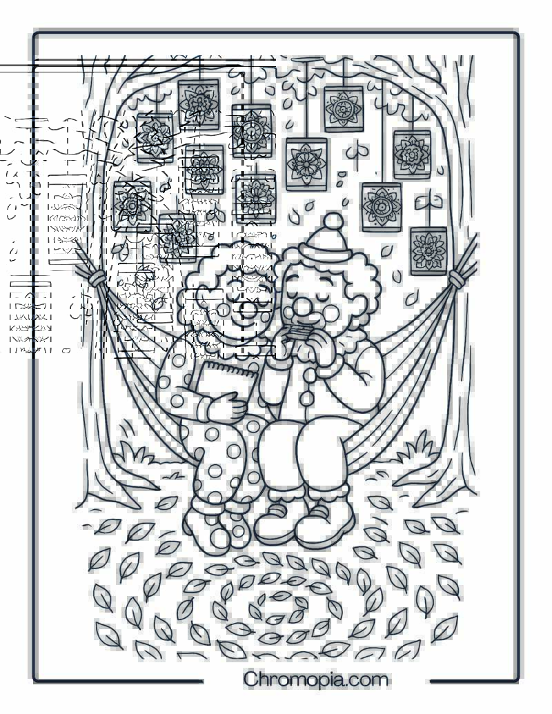 Clown Couple in Hammock Surrounded by Mandala Lanterns – Self-Care Clown Coloring Page