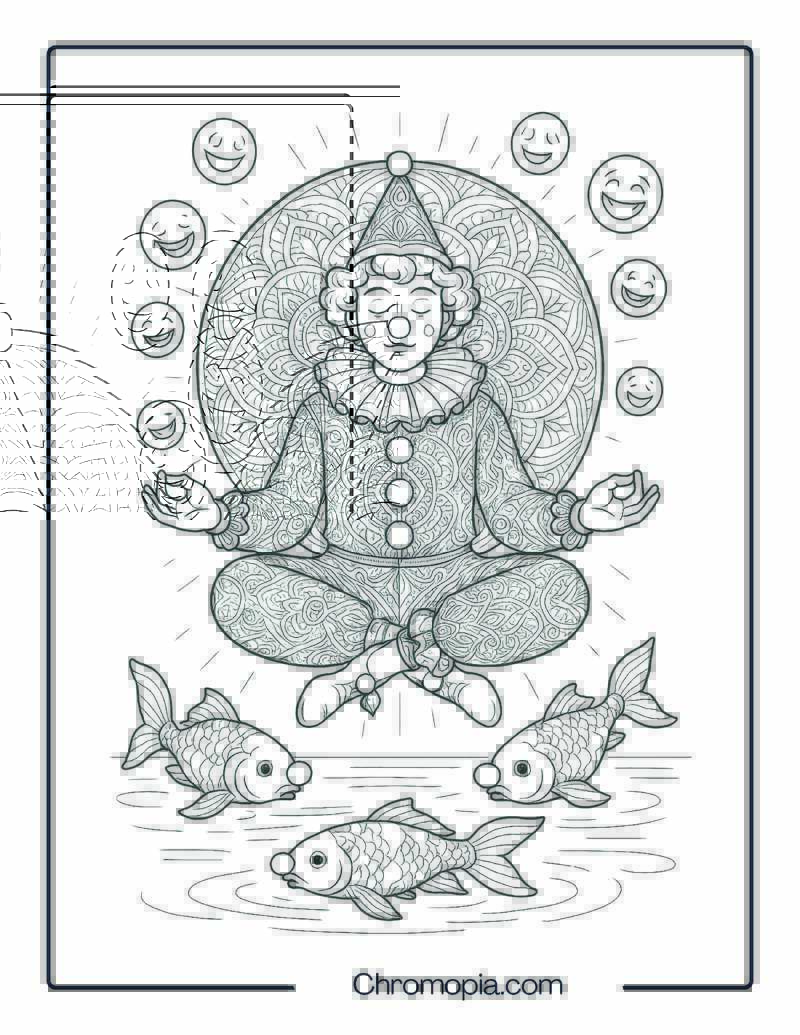 Clown Meditating in Floating Lotus Pose Surrounded by Mandala Orbs – Mindfulness Clown Coloring Page