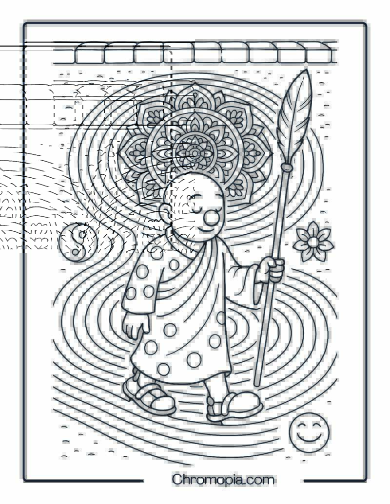 Clown Monk Walking a Mandala Maze Path in Sand Garden – Zen Clown Coloring Page