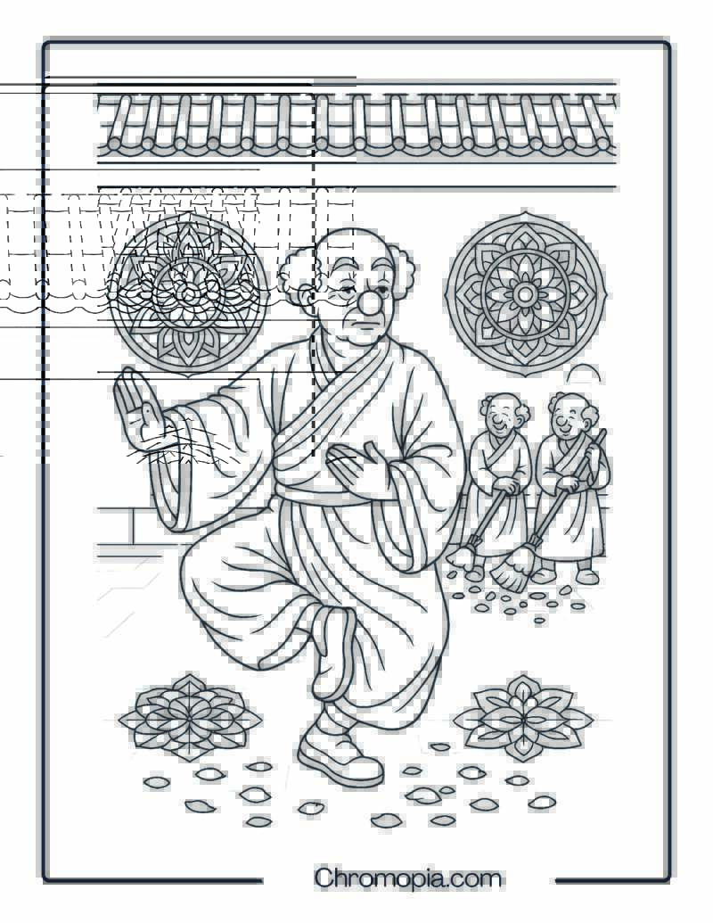 Elderly Clown Practicing Tai Chi in Temple Courtyard – Mindful Clown Coloring Page