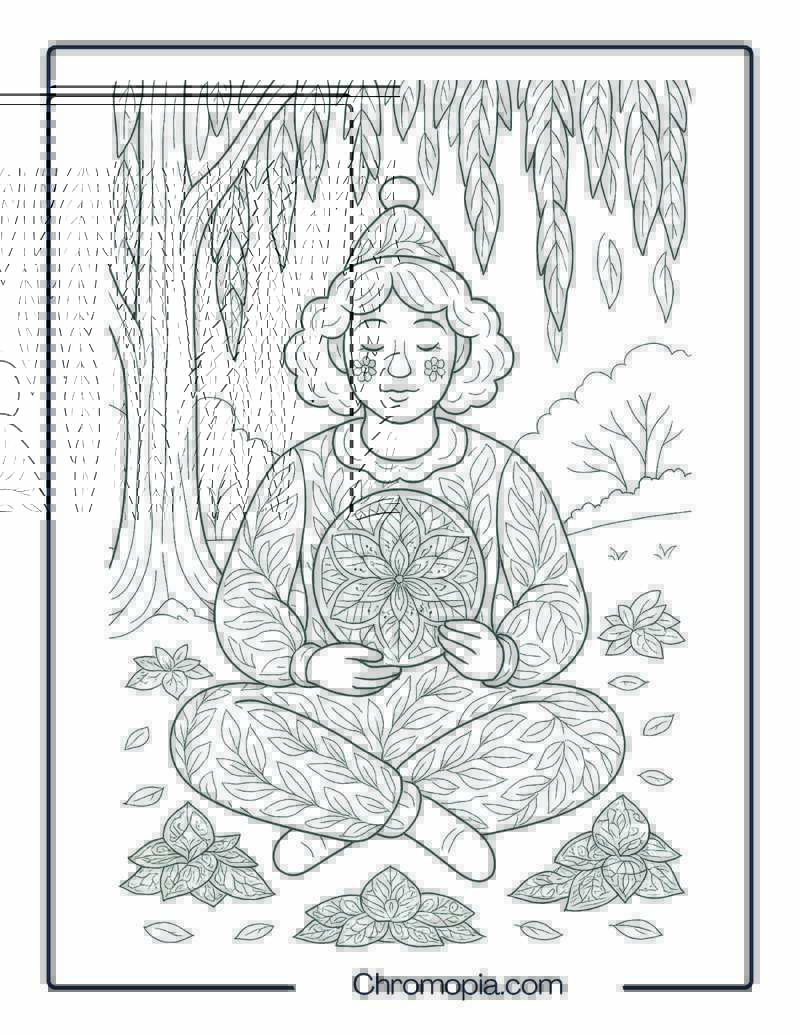 Female Clown in Forest Glade Coloring Mandala Leaves – Self-Care Clown Coloring Page