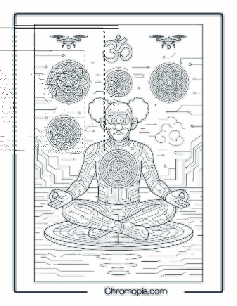 Futuristic Neon Clown Practicing Hologram Yoga – Sci-Fi Zen Clown Coloring Page
