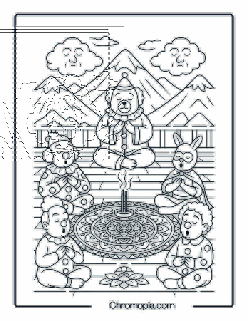 Group of Clowns at a Mountain Retreat Doing Breathwork – Group Clown Coloring Page