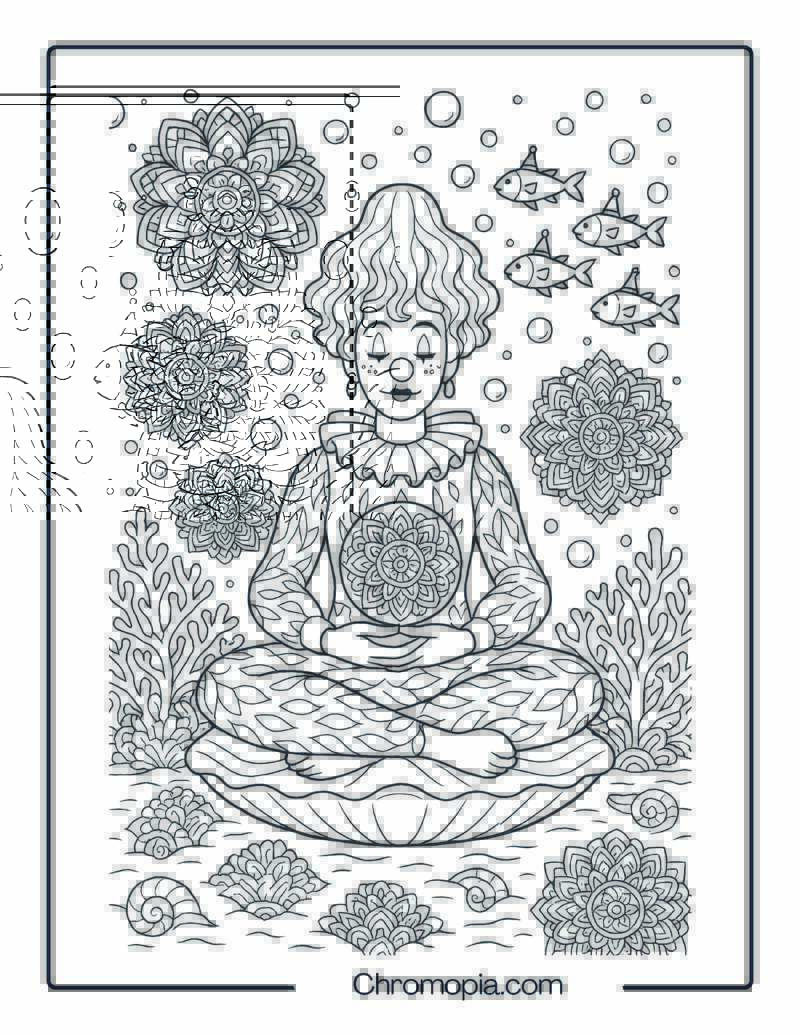 Mermaid Clown Meditating Underwater Surrounded by Mandala Coral – Aquatic Mindfulness Clown Coloring Page