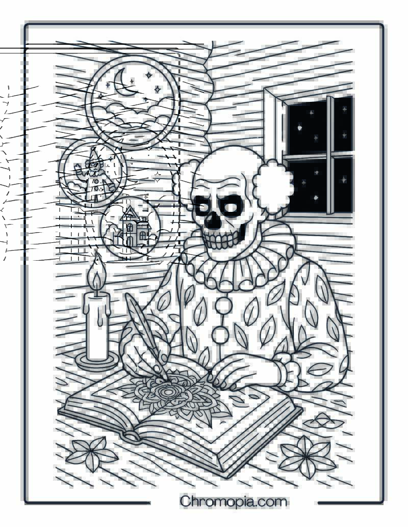 Scary Clown Journaling His Dreams in a Candlelit Cabin – Reflective Clown Coloring Page