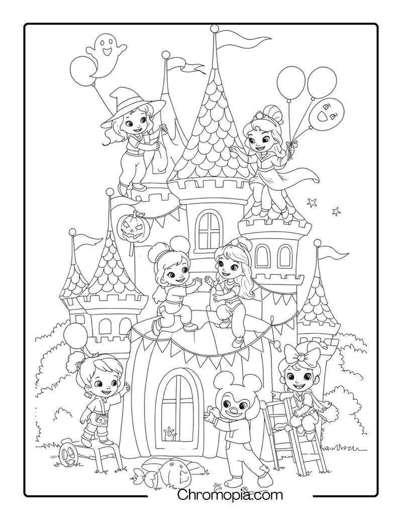 Disney Kids Decorate Halloween Castle Together Coloring Page