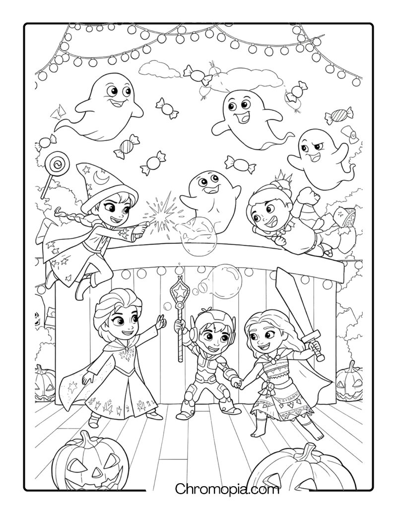 Disney Kids Magic Battle vs Silly Halloween Ghosts Coloring Page