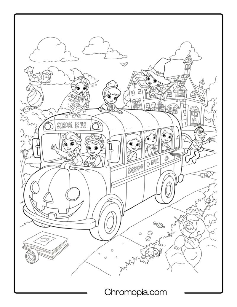 Disney Kids Ride Halloween Bus to School Coloring Page