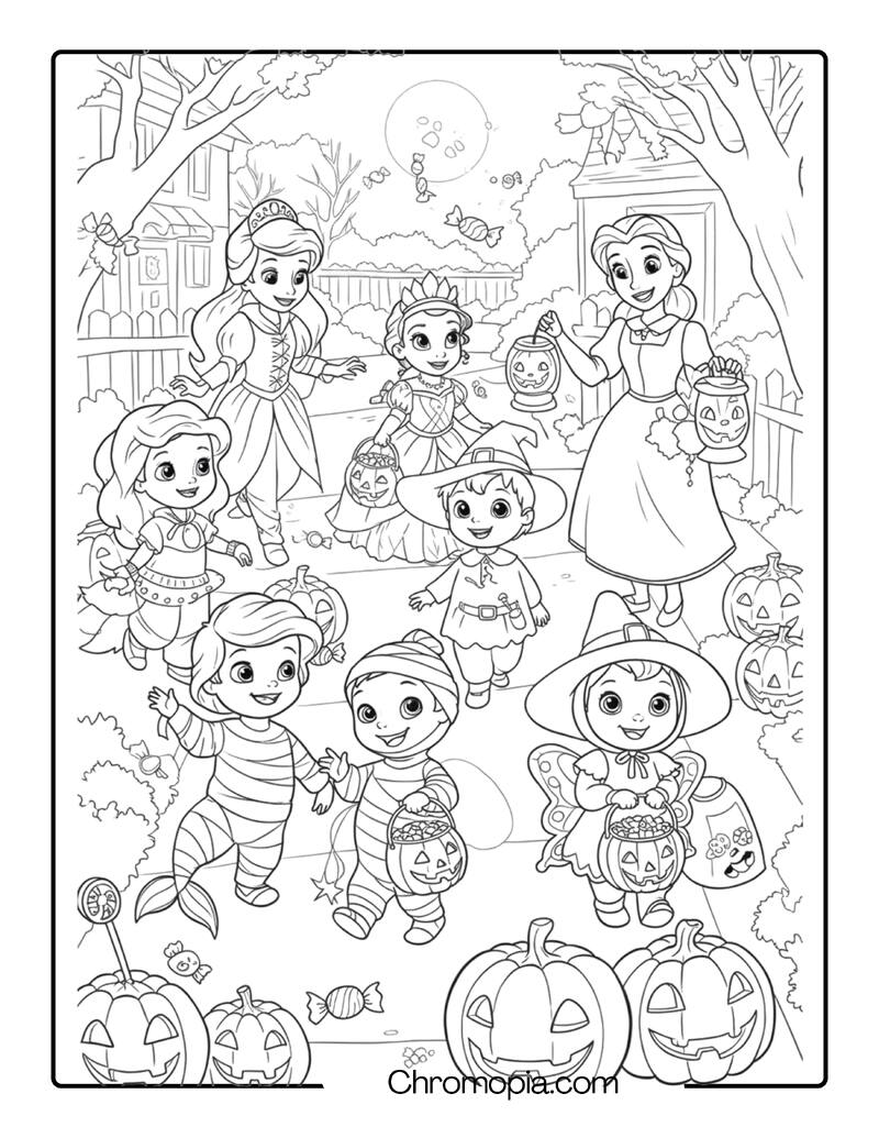 Disney Princesses as Preschoolers Trick-or-Treating Coloring Page
