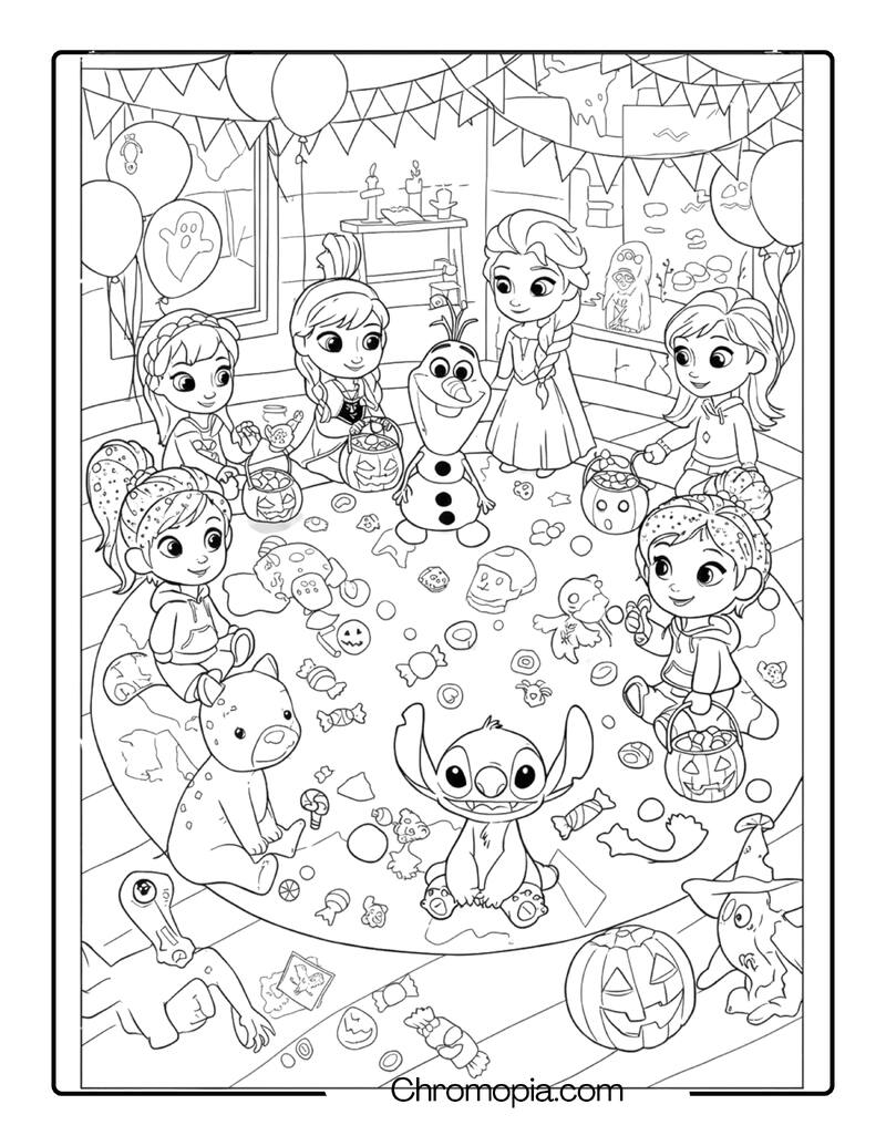 Preschool Disney Characters Halloween Party Coloring Page