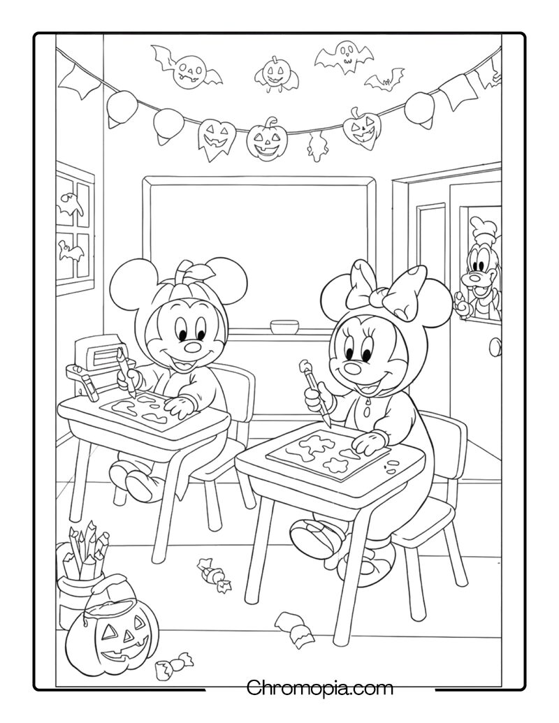 Toddler Mickey and Minnie in Halloween Classroom Coloring Page