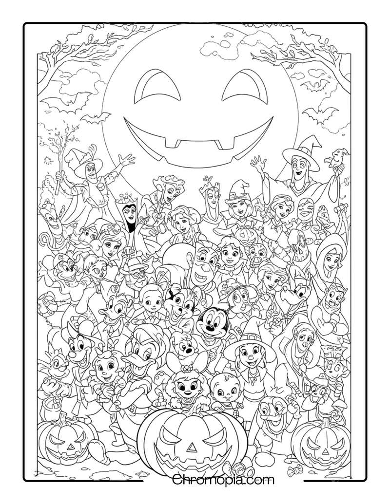 All Disney Characters Halloween Night Coloring Page
