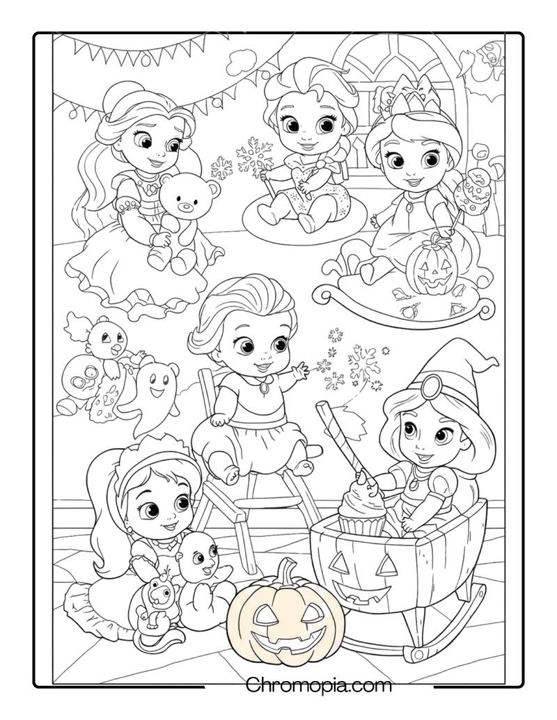 Disney Baby Princesses Halloween Coloring Page