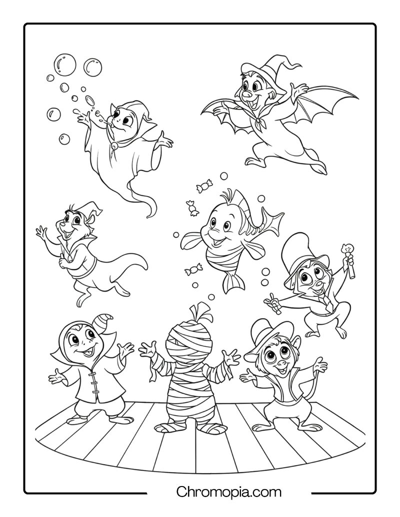 Disney Sidekicks in Halloween Costumes Coloring Page