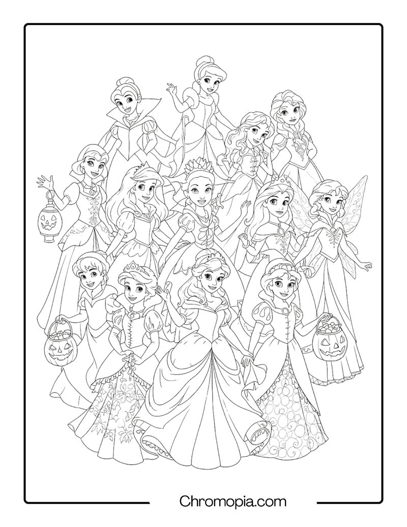 All Disney Princesses Halloween Coloring Page