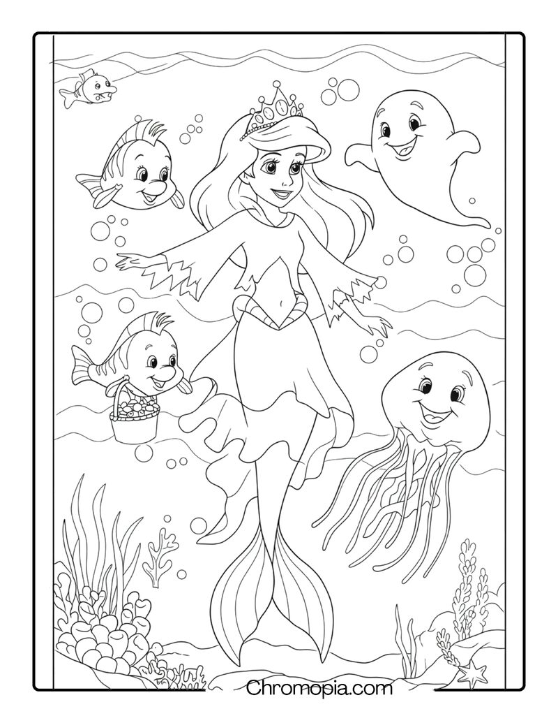 Ariel Halloween Coloring Page with Ghost