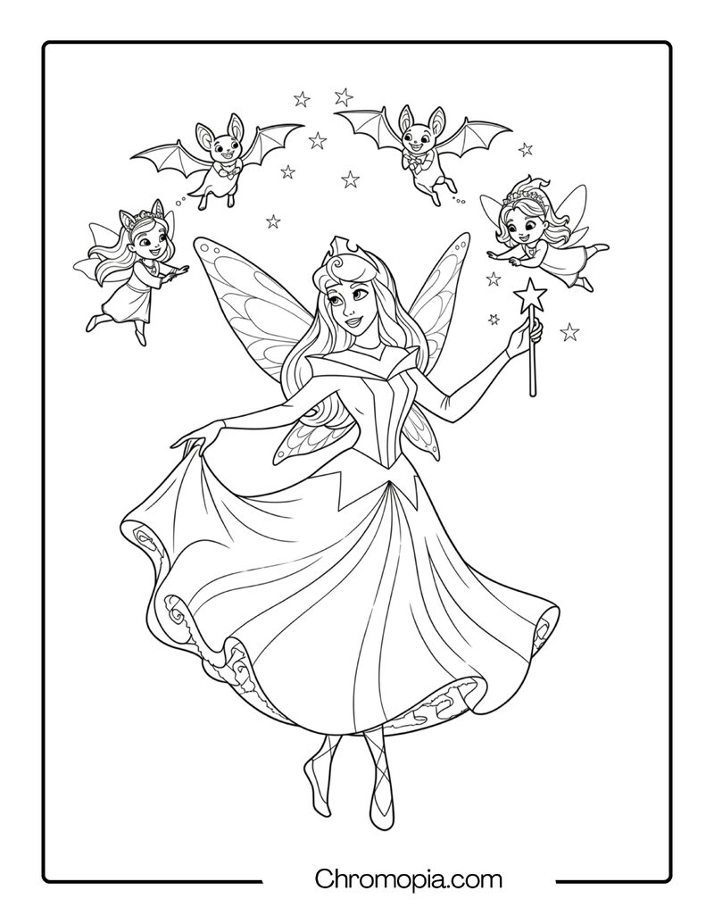 Aurora Halloween Coloring Page with Bats