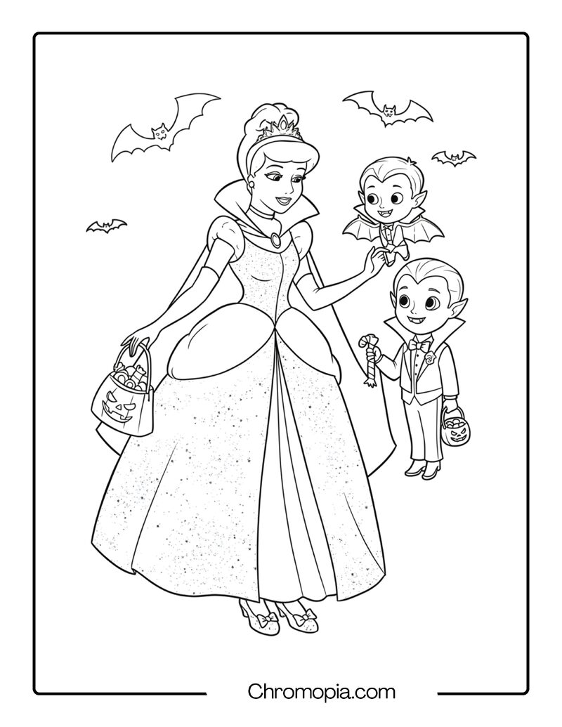 Cinderella Halloween Coloring Page with Vampire