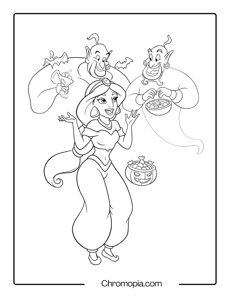 Jasmine Halloween Coloring Page with Genie Ghost