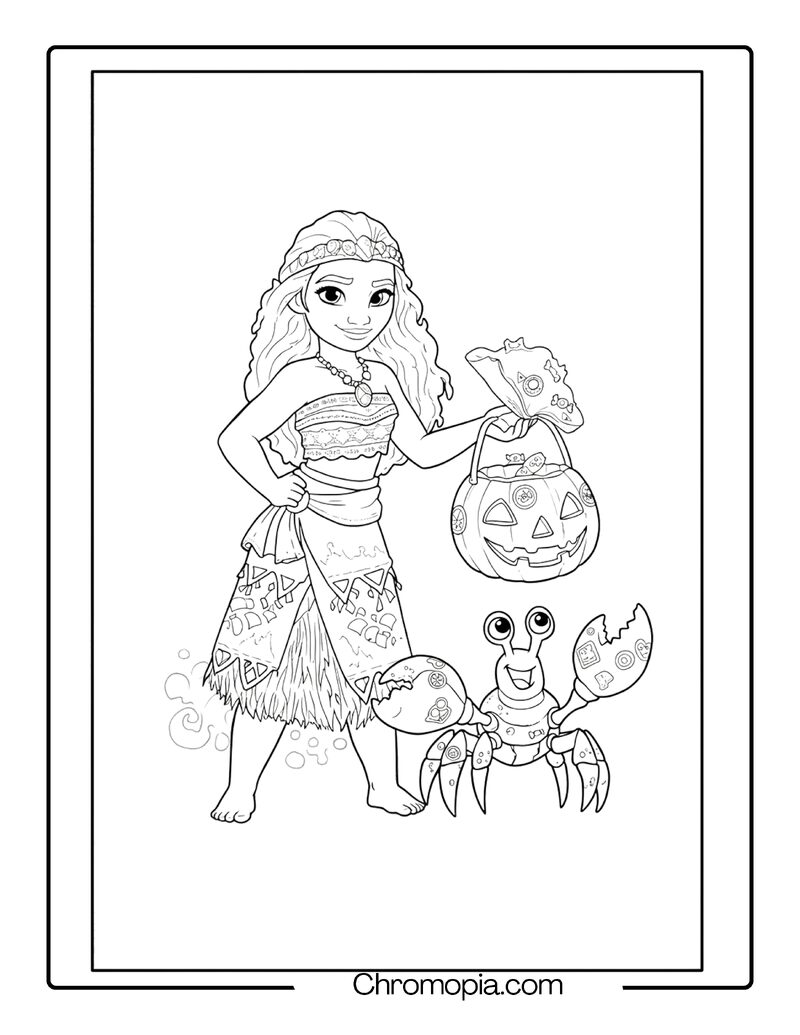 Moana Halloween Coloring Page with Monster Crab