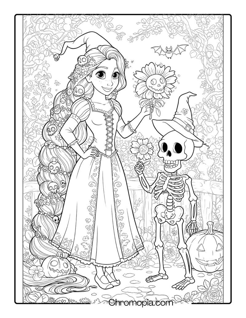 Rapunzel Halloween Coloring Page with Skeleton