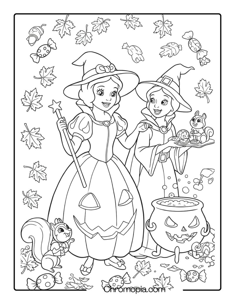 Snow White Halloween Coloring Page with Witch